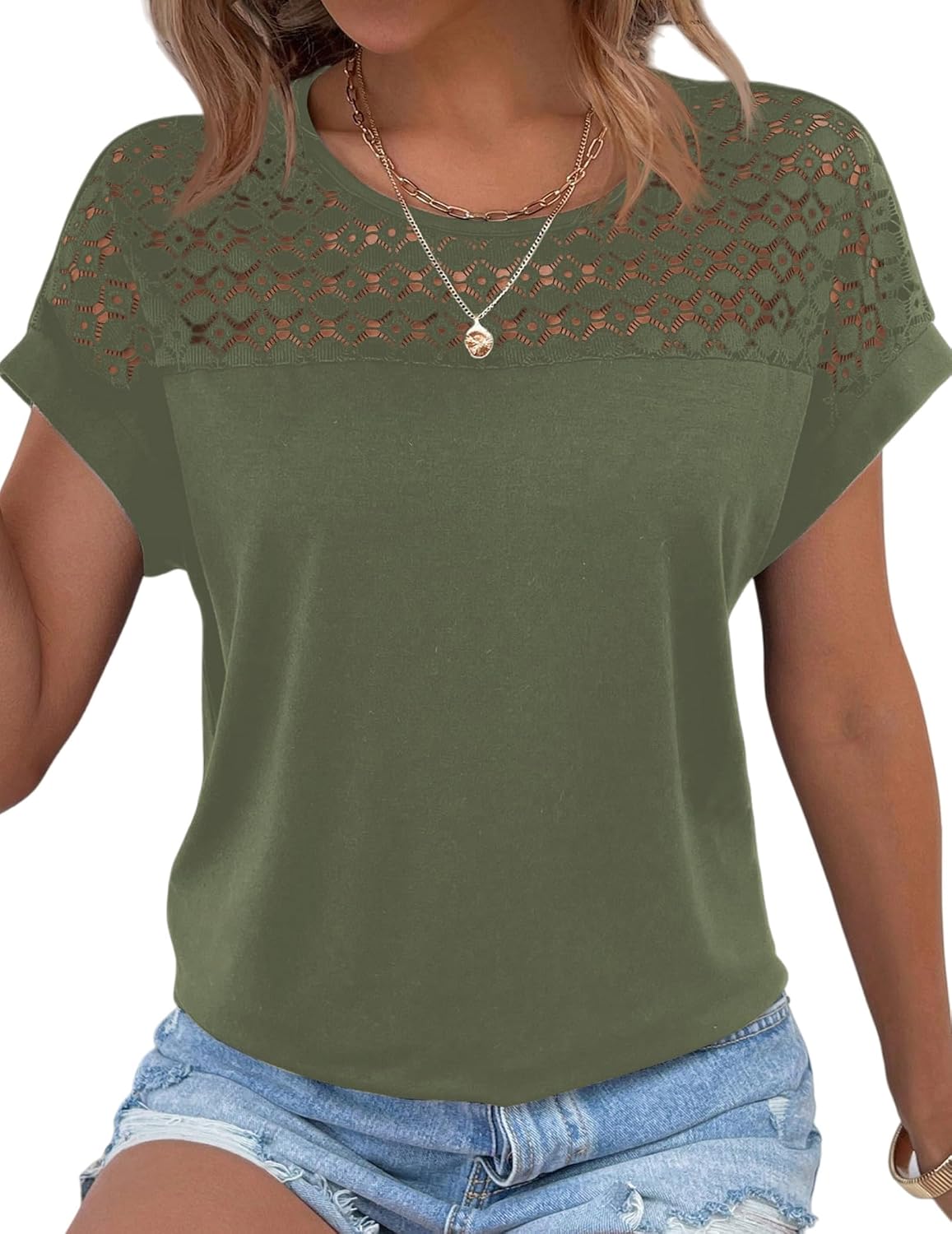 Nora Blusa Encaje Mujer – Manga Corta, Cuello Redondo y Tejido Transpirable