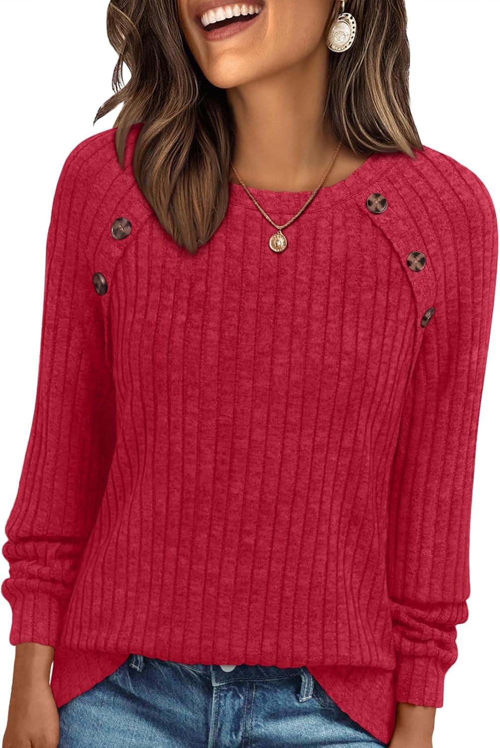 Ariana Top de punto acanalado de manga larga para mujer – cuello redondo y botones decorativos