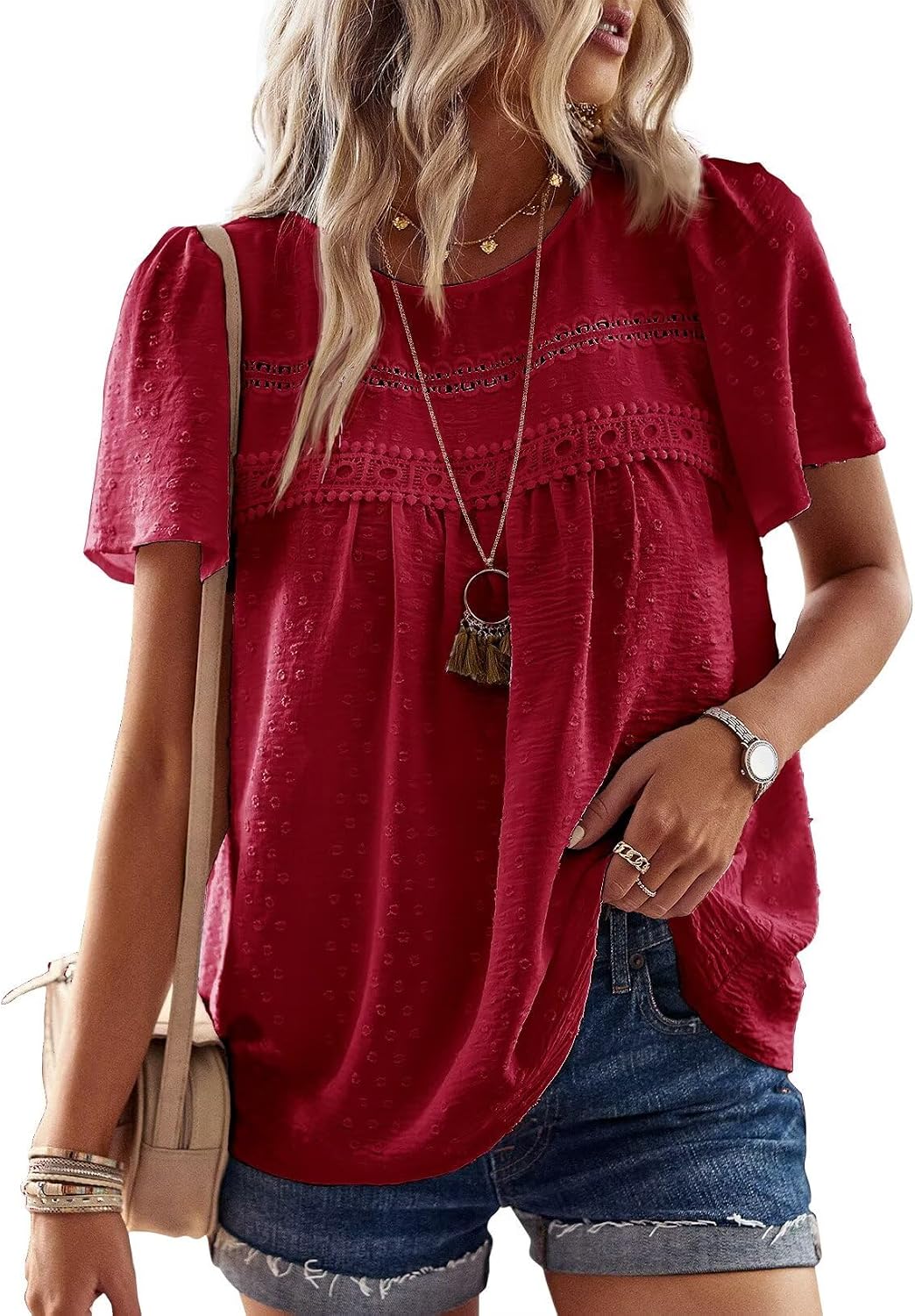 Grace Blusa Boho Mujer – Encaje, Manga Corta y Tejido Ligero Transpirable