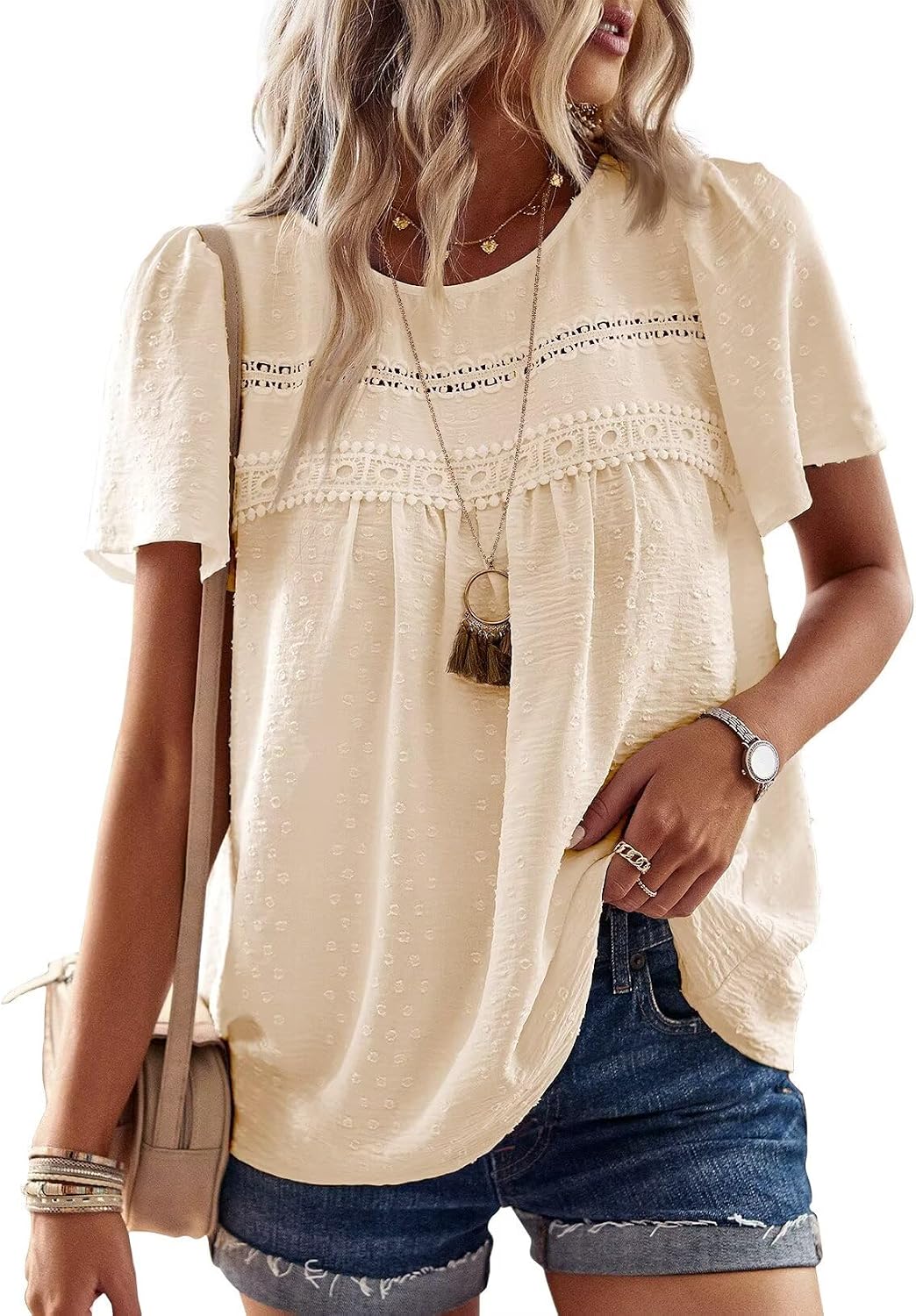 Grace Blusa Boho Mujer – Encaje, Manga Corta y Tejido Ligero Transpirable