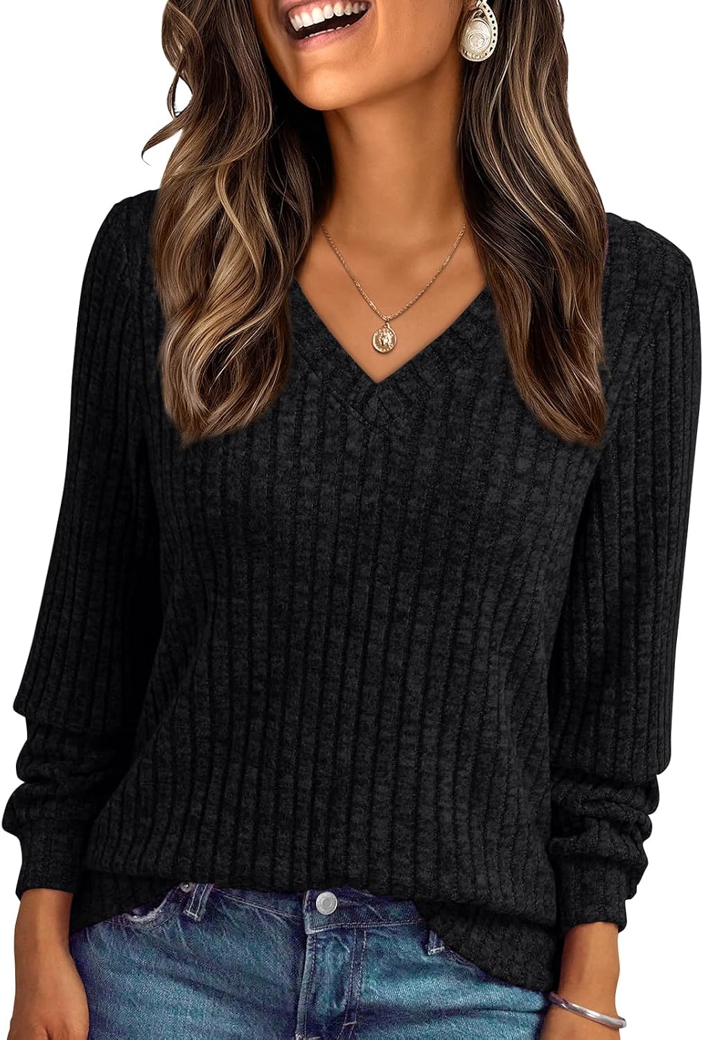 Yara Jersey de punto acanalado con cuello V para mujer – manga larga y corte relajado