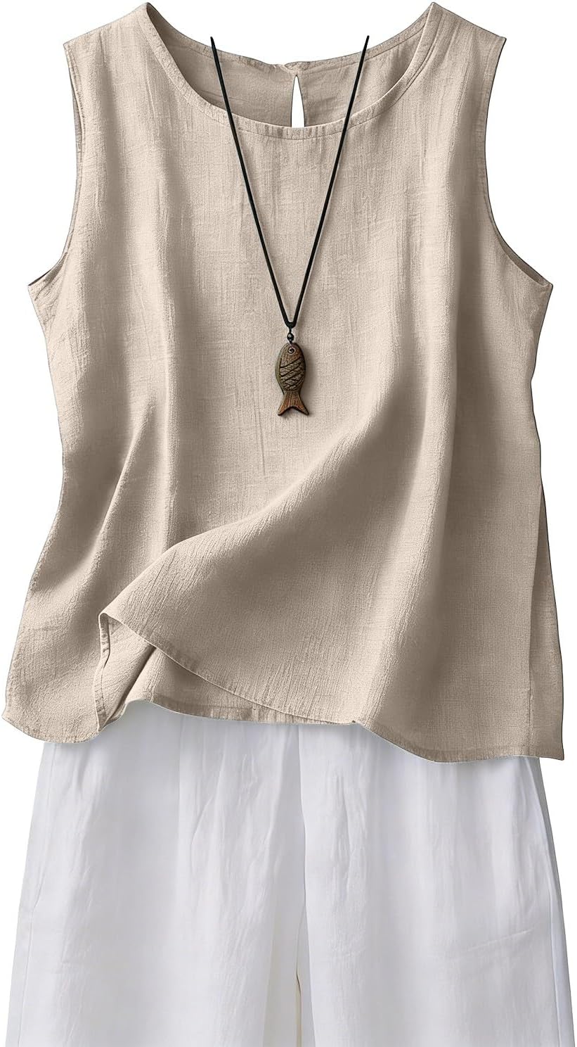 Chloe Top Sin Mangas Mujer – Algodón y Lino, Cuello Redondo y Corte Fluido