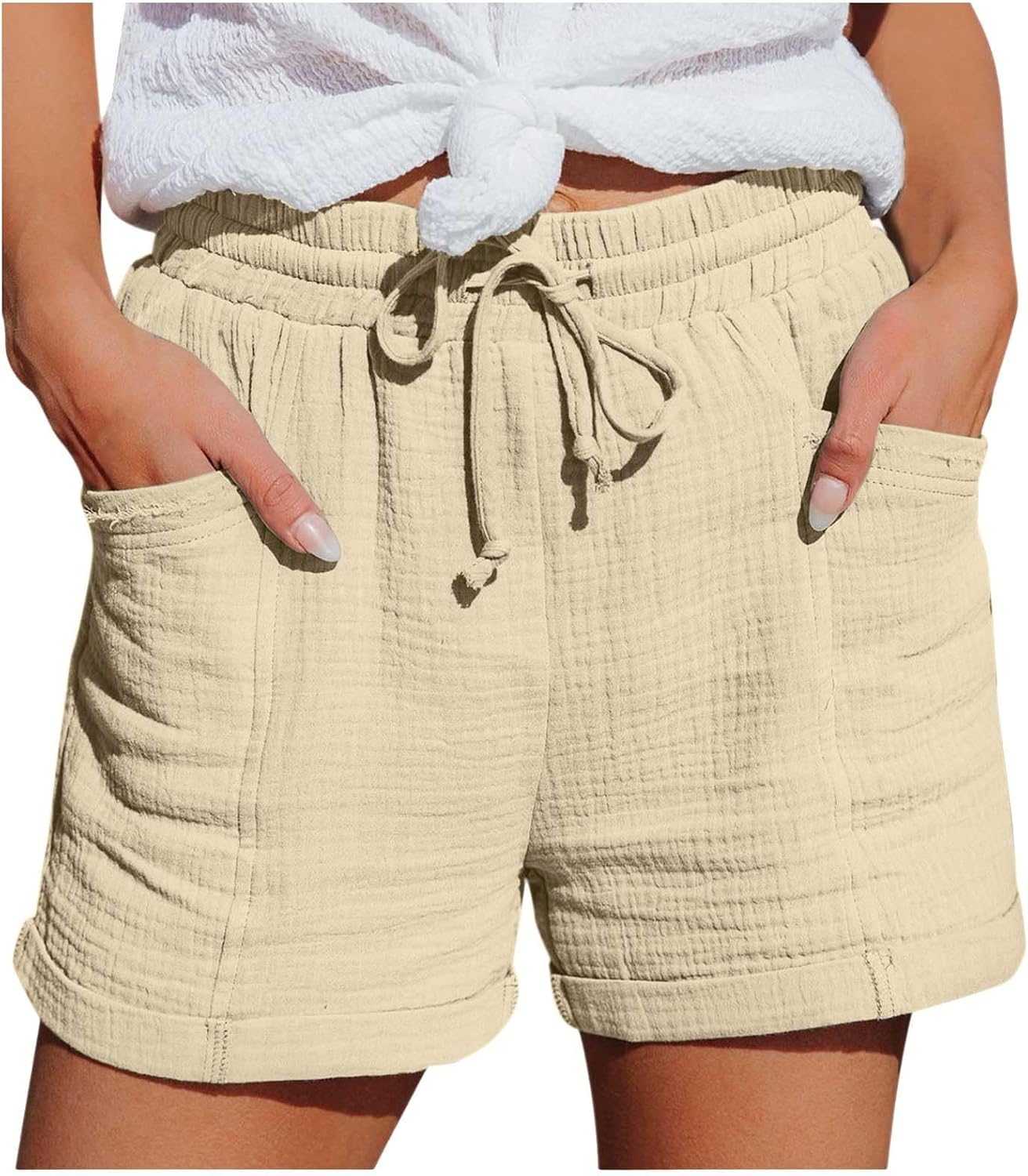 Mia Pantalones Cortos Mujer – Lino Ligero, Cintura Elástica y Bolsillos
