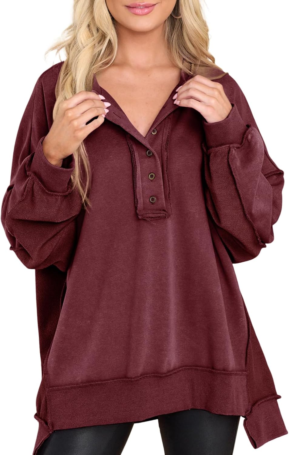 Sudadera estilo henley Martina para Mujer – Cuello en V, Hombros caídos y Silueta holgada