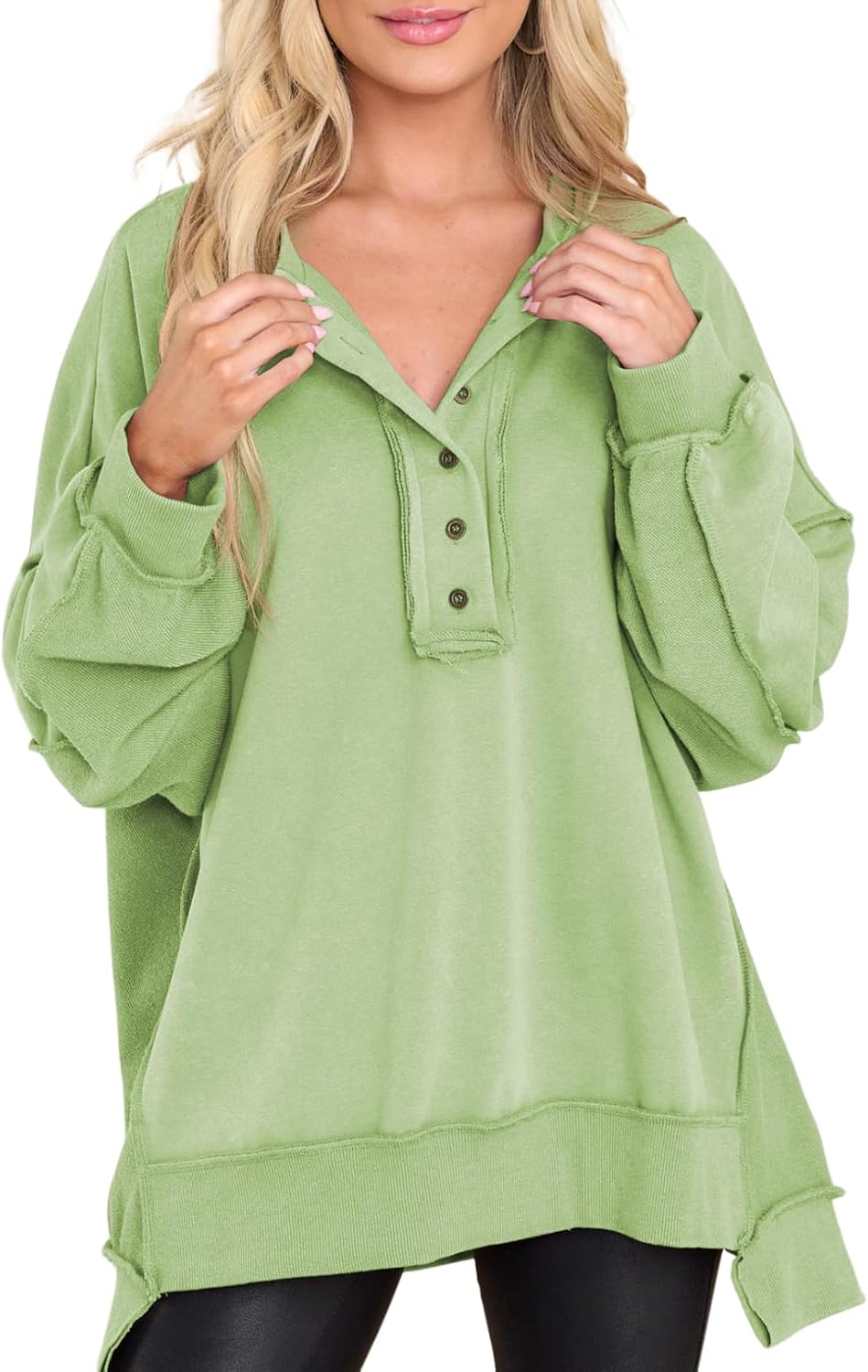 Sudadera estilo henley Martina para Mujer – Cuello en V, Hombros caídos y Silueta holgada