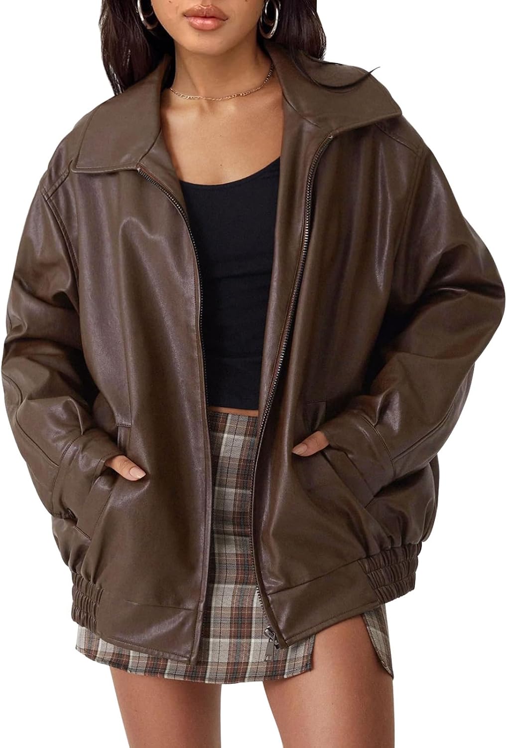 Chaqueta de piel Adriana para Mujer – Cierre de cremallera, Corte boyfriend y Capucha