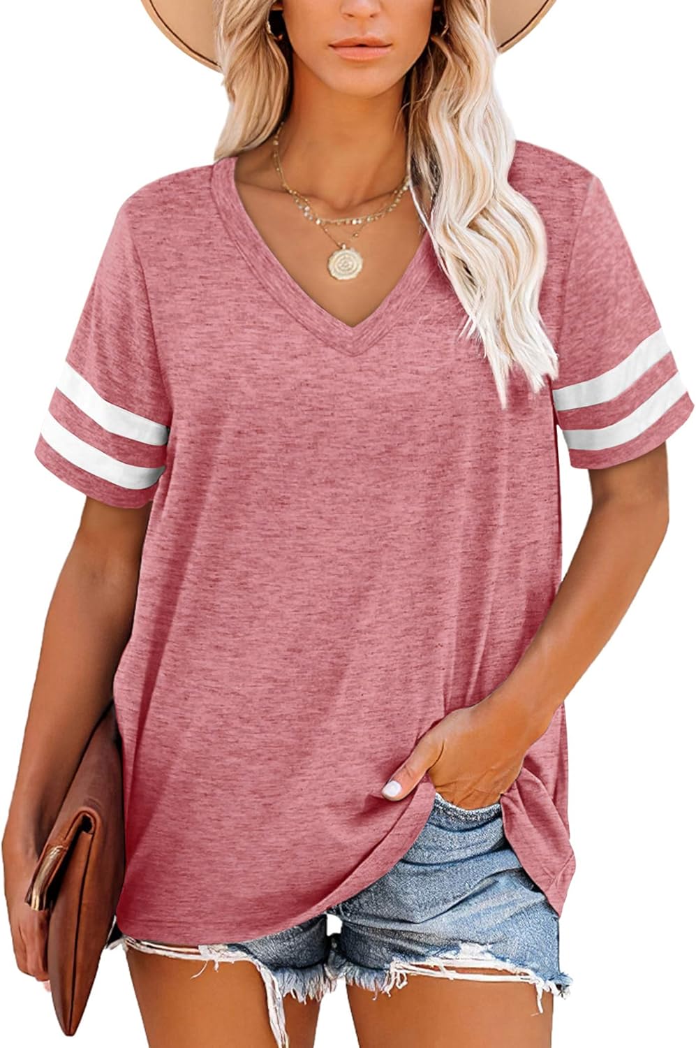 Harper Camiseta Mujer Rayas – Cuello en V, Manga Corta y Tejido Suave