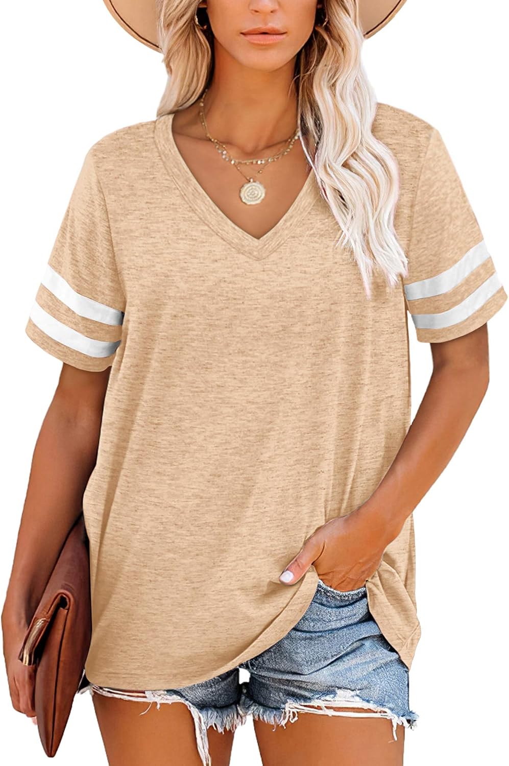 Harper Camiseta Mujer Rayas – Cuello en V, Manga Corta y Tejido Suave