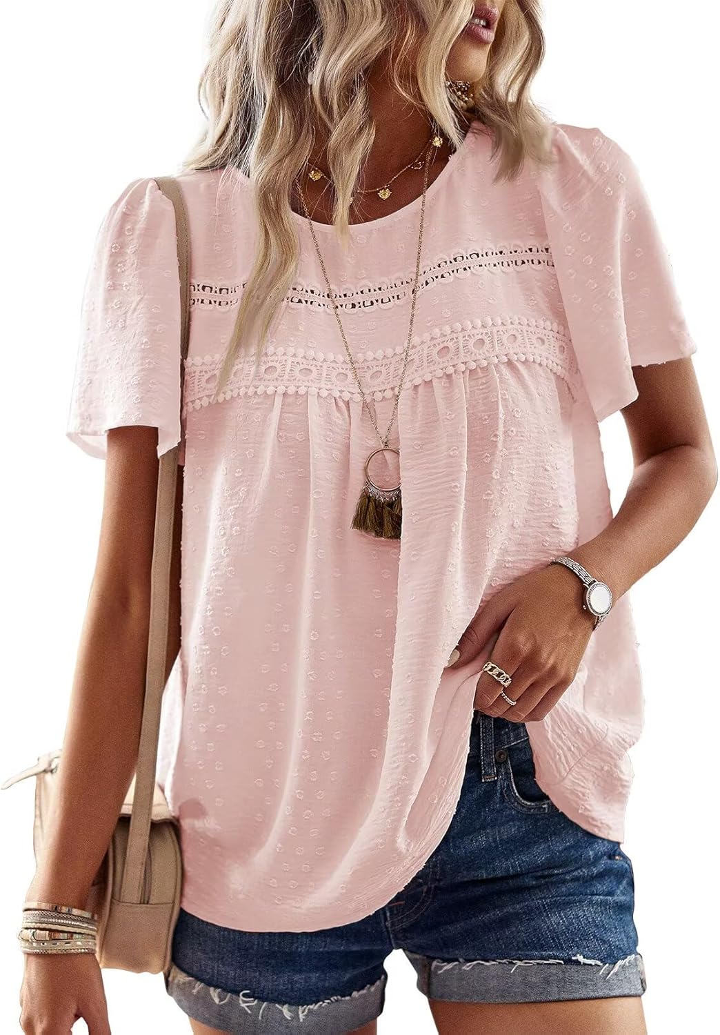 Grace Blusa Boho Mujer – Encaje, Manga Corta y Tejido Ligero Transpirable
