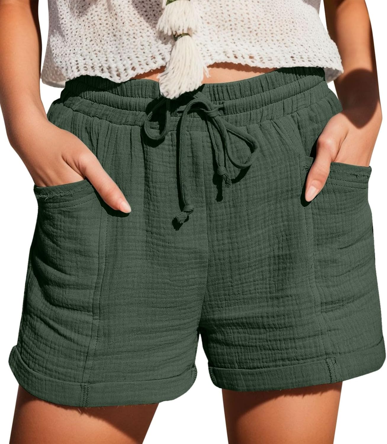 Mia Pantalones Cortos Mujer – Lino Ligero, Cintura Elástica y Bolsillos