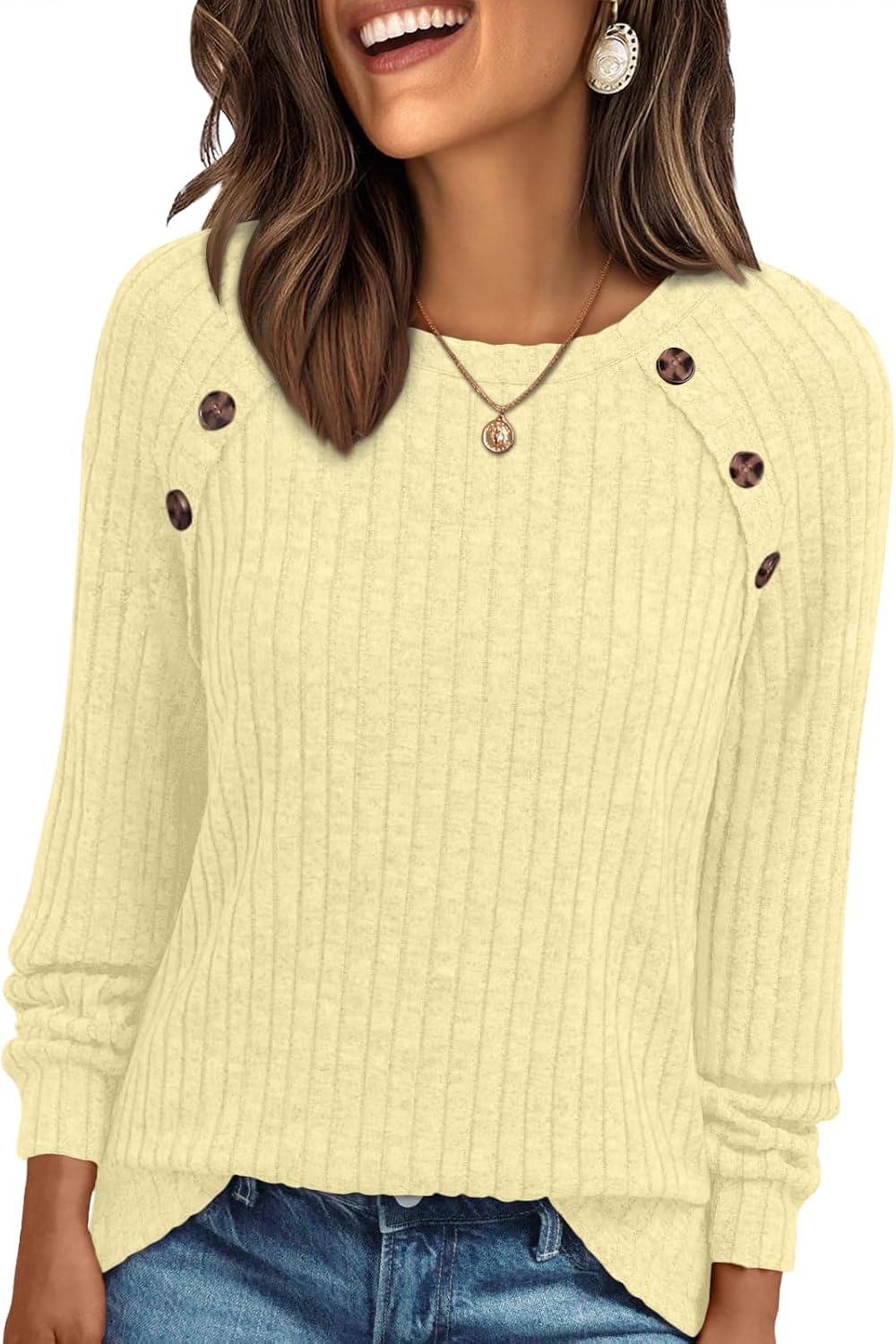 Ariana Top de punto acanalado de manga larga para mujer – cuello redondo y botones decorativos