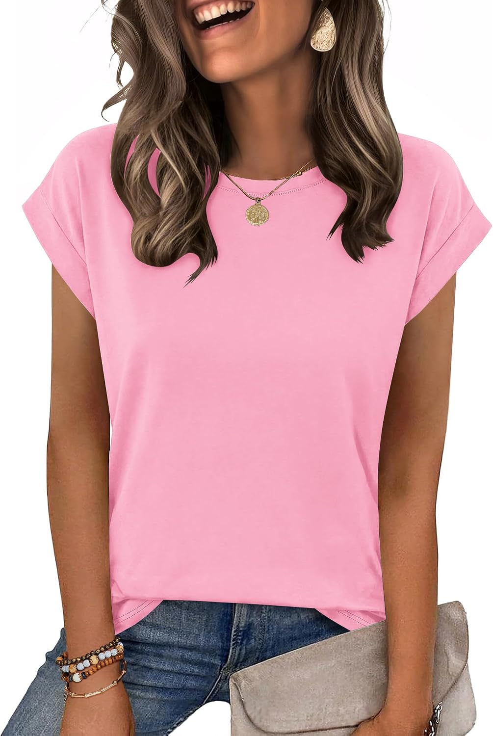 Bianca Camiseta relajada de cuello redondo para mujer – manga corta y color liso