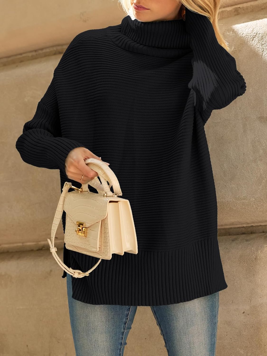 Celine Jersey oversize de cuello alto para mujer – manga larga y bajo asimétrico tipo túnica
