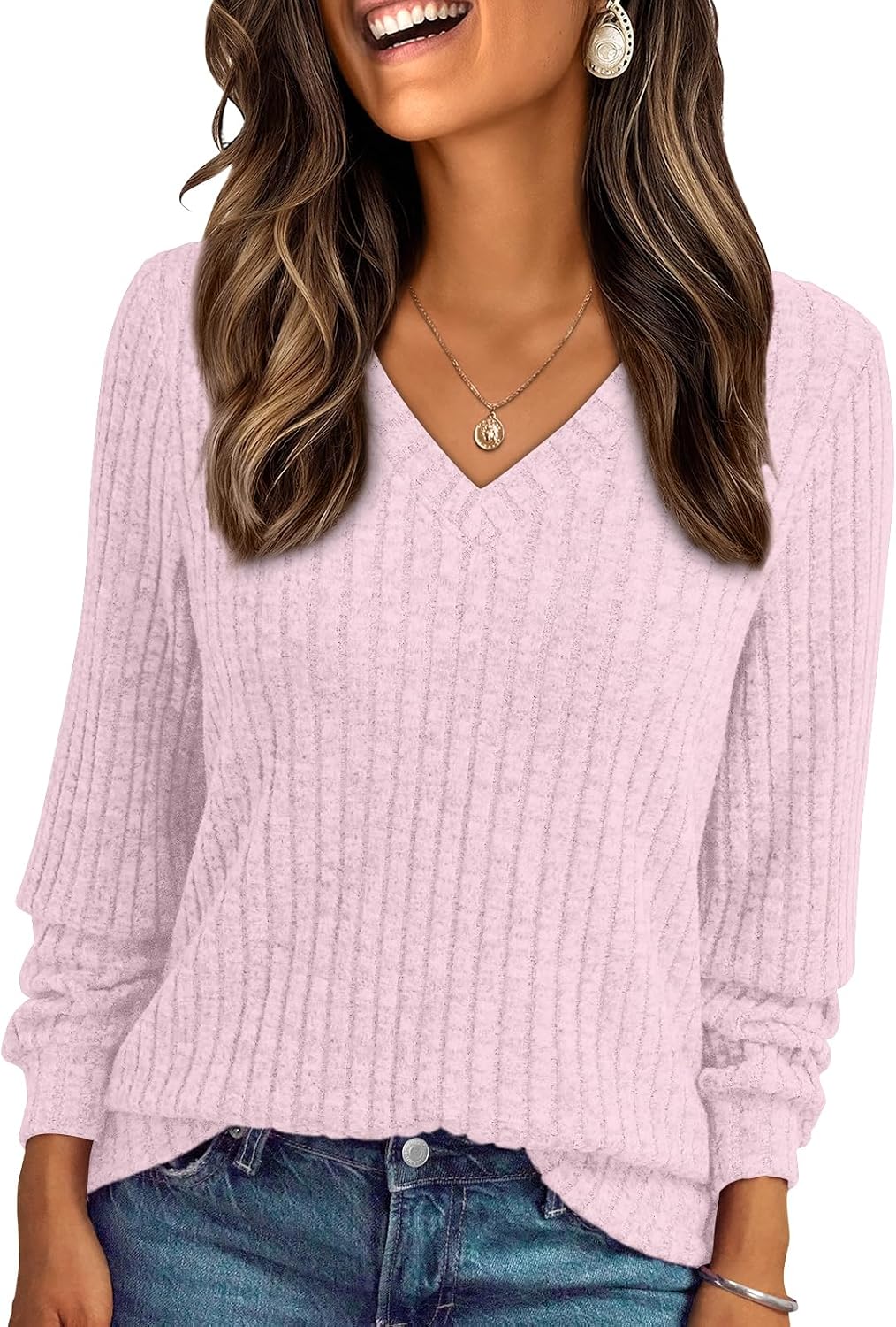 Yara Jersey de punto acanalado con cuello V para mujer – manga larga y corte relajado