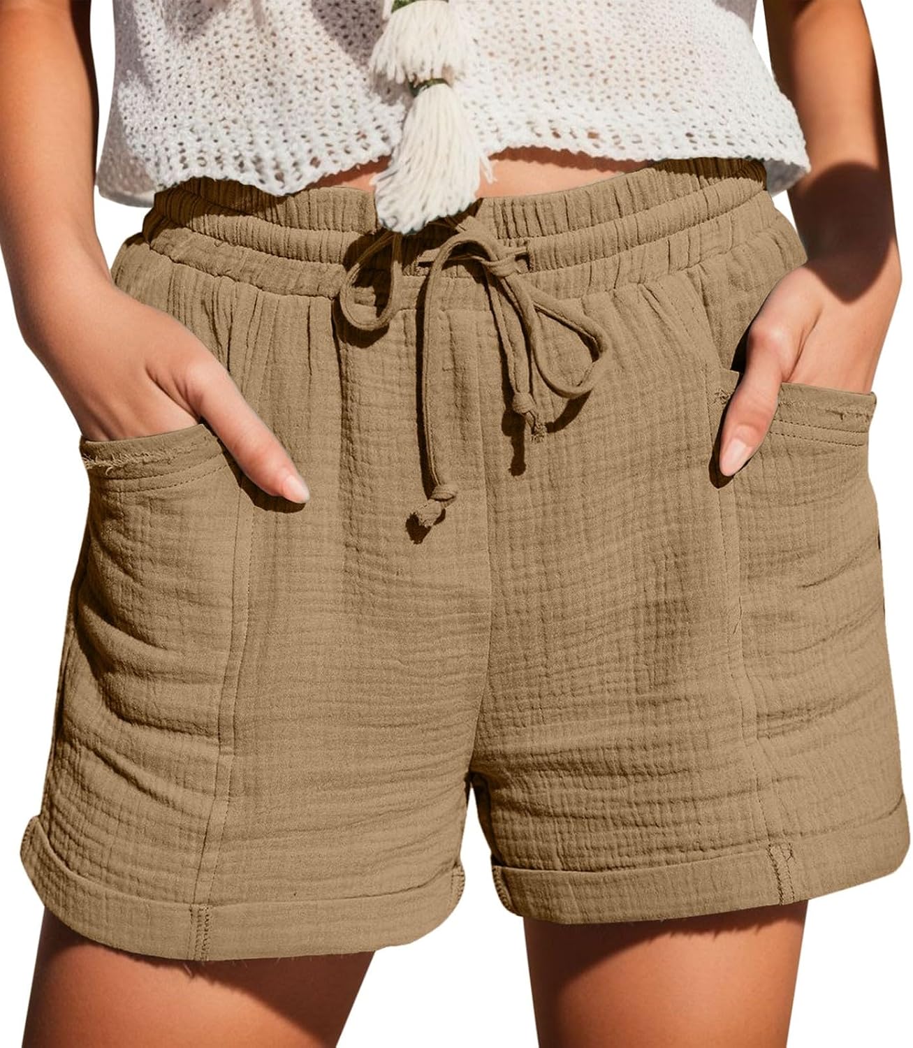 Mia Pantalones Cortos Mujer – Lino Ligero, Cintura Elástica y Bolsillos