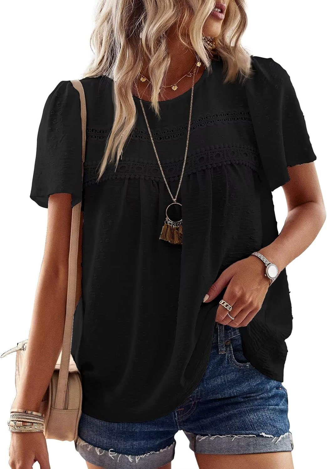 Grace Blusa Boho Mujer – Encaje, Manga Corta y Tejido Ligero Transpirable