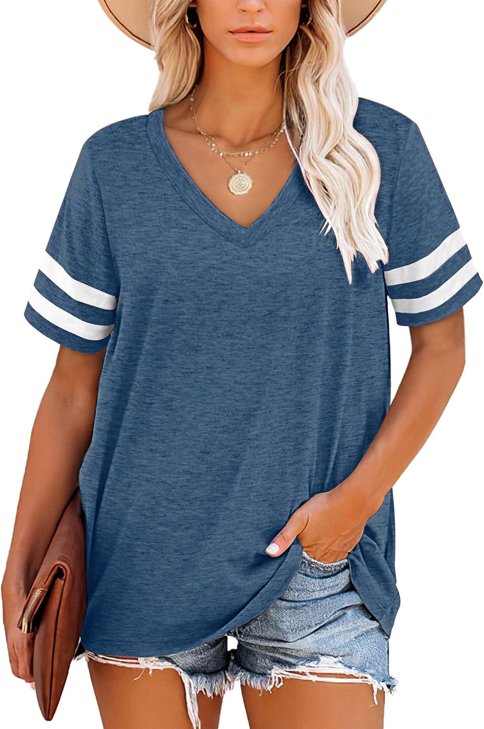 Harper Camiseta Mujer Rayas – Cuello en V, Manga Corta y Tejido Suave