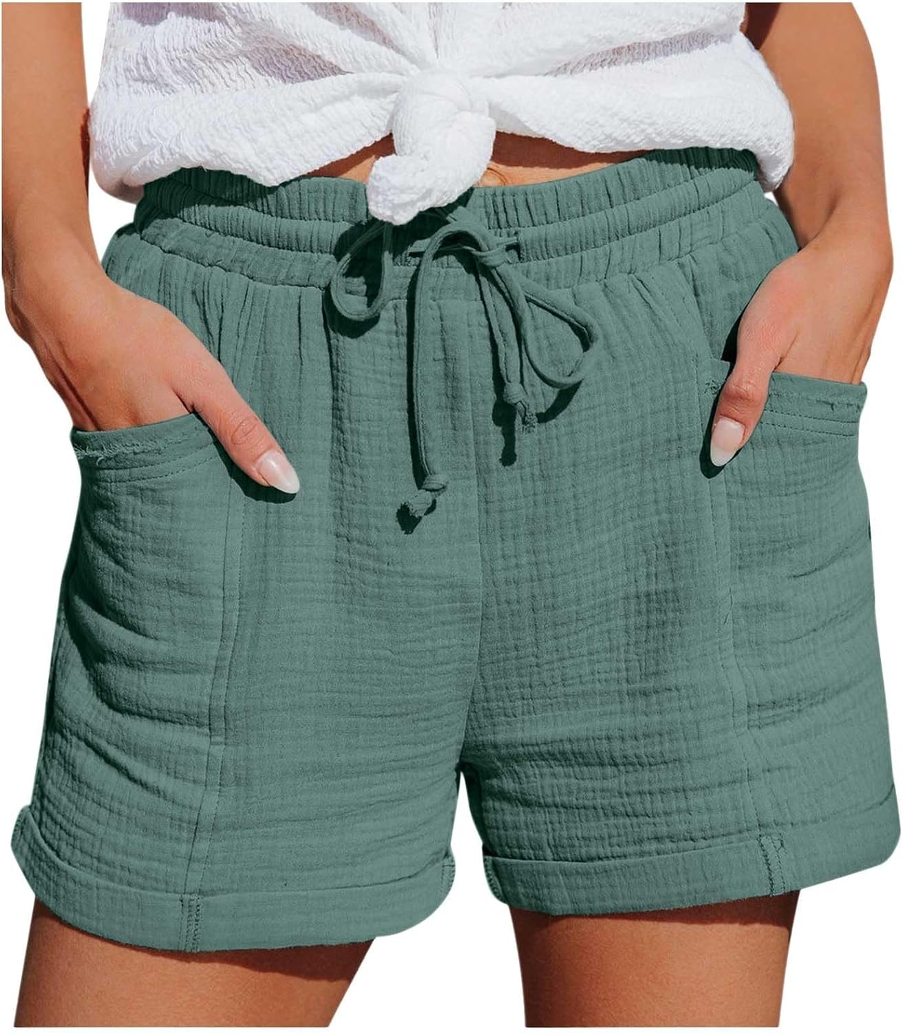 Mia Pantalones Cortos Mujer – Lino Ligero, Cintura Elástica y Bolsillos