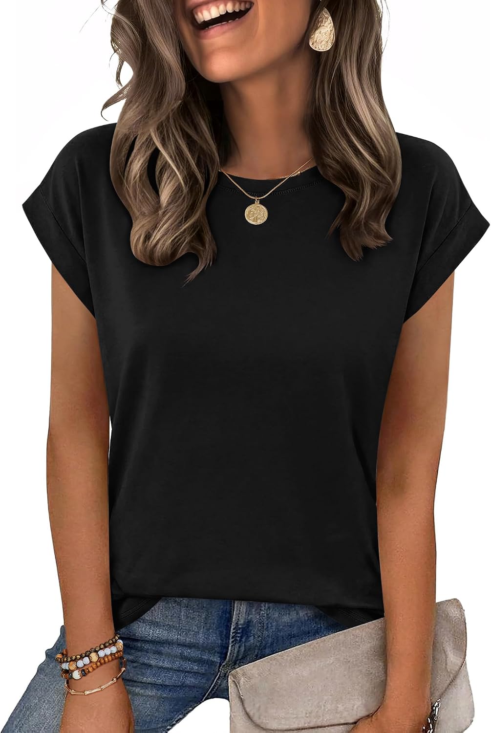 Bianca Camiseta relajada de cuello redondo para mujer – manga corta y color liso