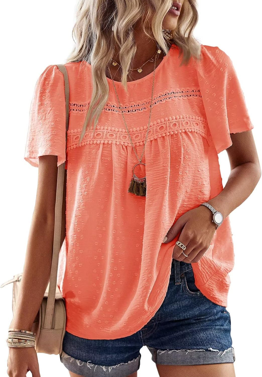 Grace Blusa Boho Mujer – Encaje, Manga Corta y Tejido Ligero Transpirable