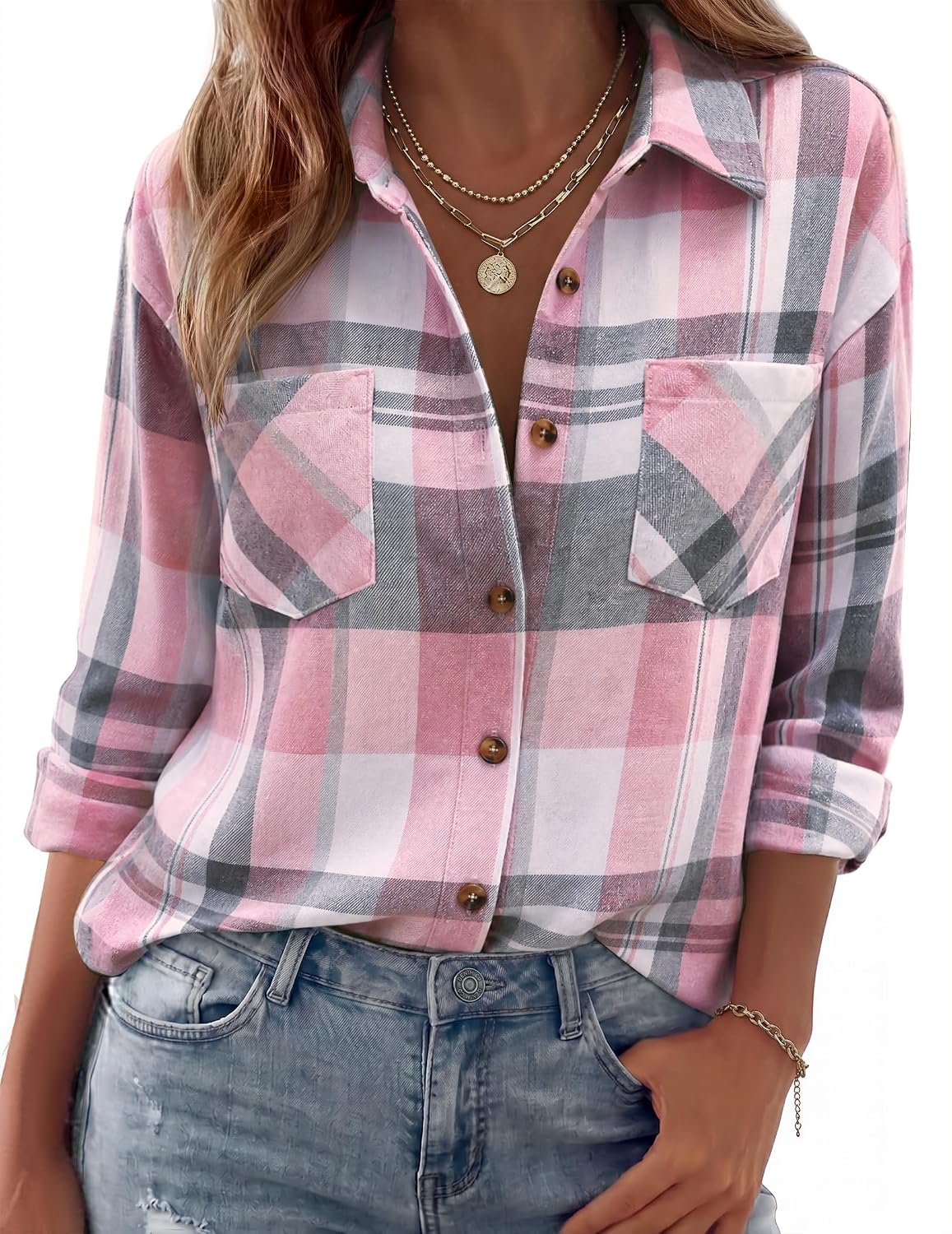 Camisa de franela Sofía para Mujer – Silueta holgada, Bolsillos en el pecho y Cierre de botones