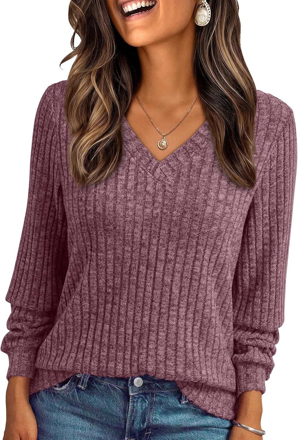 Yara Jersey de punto acanalado con cuello V para mujer – manga larga y corte relajado