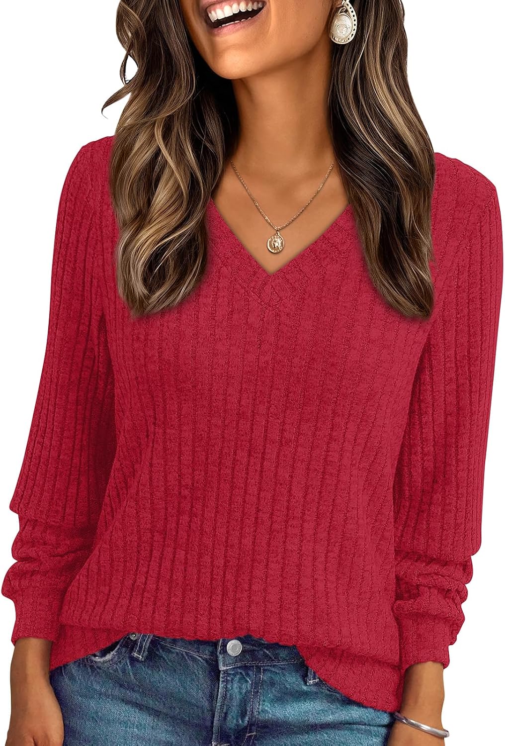 Yara Jersey de punto acanalado con cuello V para mujer – manga larga y corte relajado