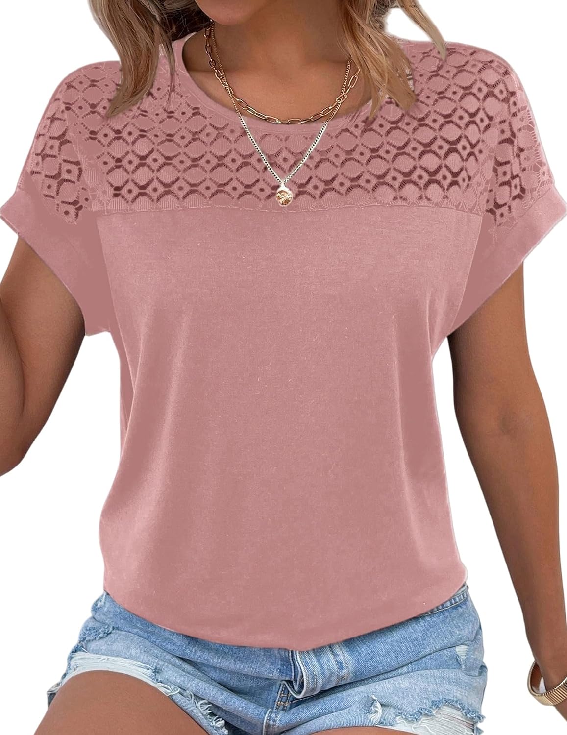 Nora Blusa Encaje Mujer – Manga Corta, Cuello Redondo y Tejido Transpirable