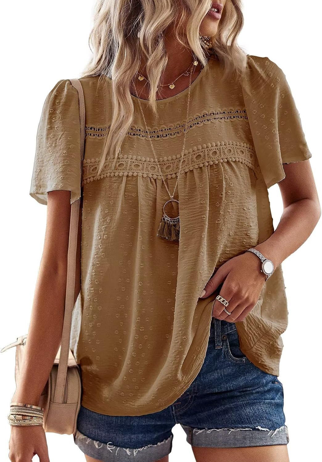 Grace Blusa Boho Mujer – Encaje, Manga Corta y Tejido Ligero Transpirable