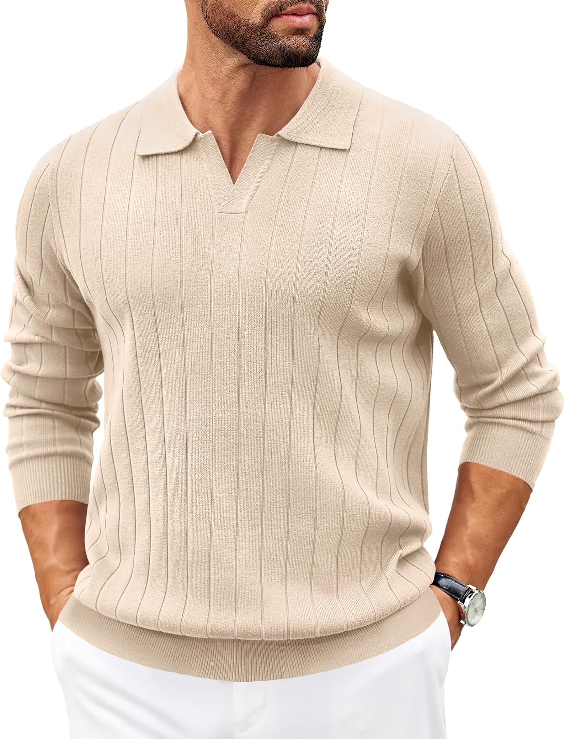 Polo de punto Tomás para Hombre – Detalles acanalados, Puños acanalados y Mangas largas
