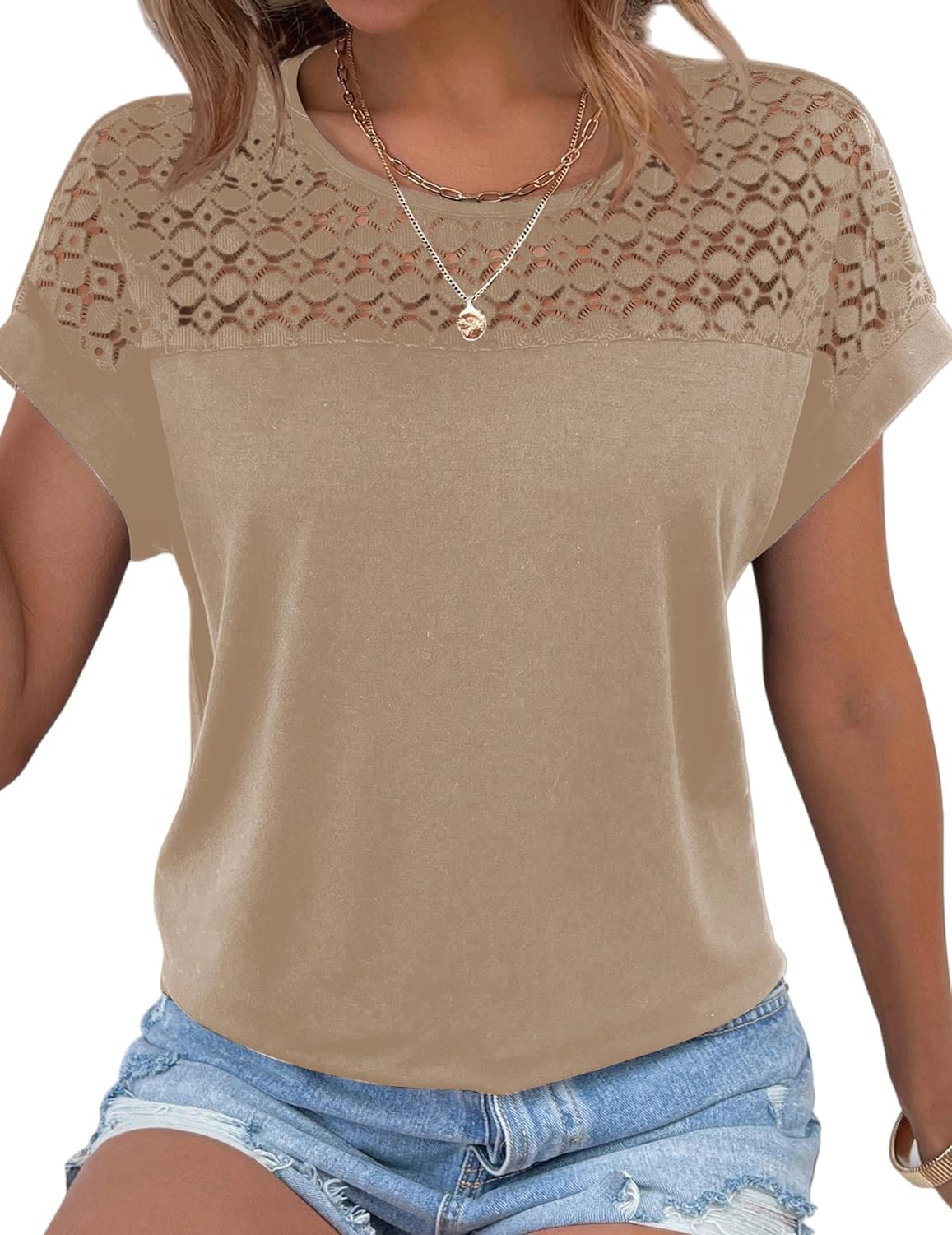 Nora Blusa Encaje Mujer – Manga Corta, Cuello Redondo y Tejido Transpirable