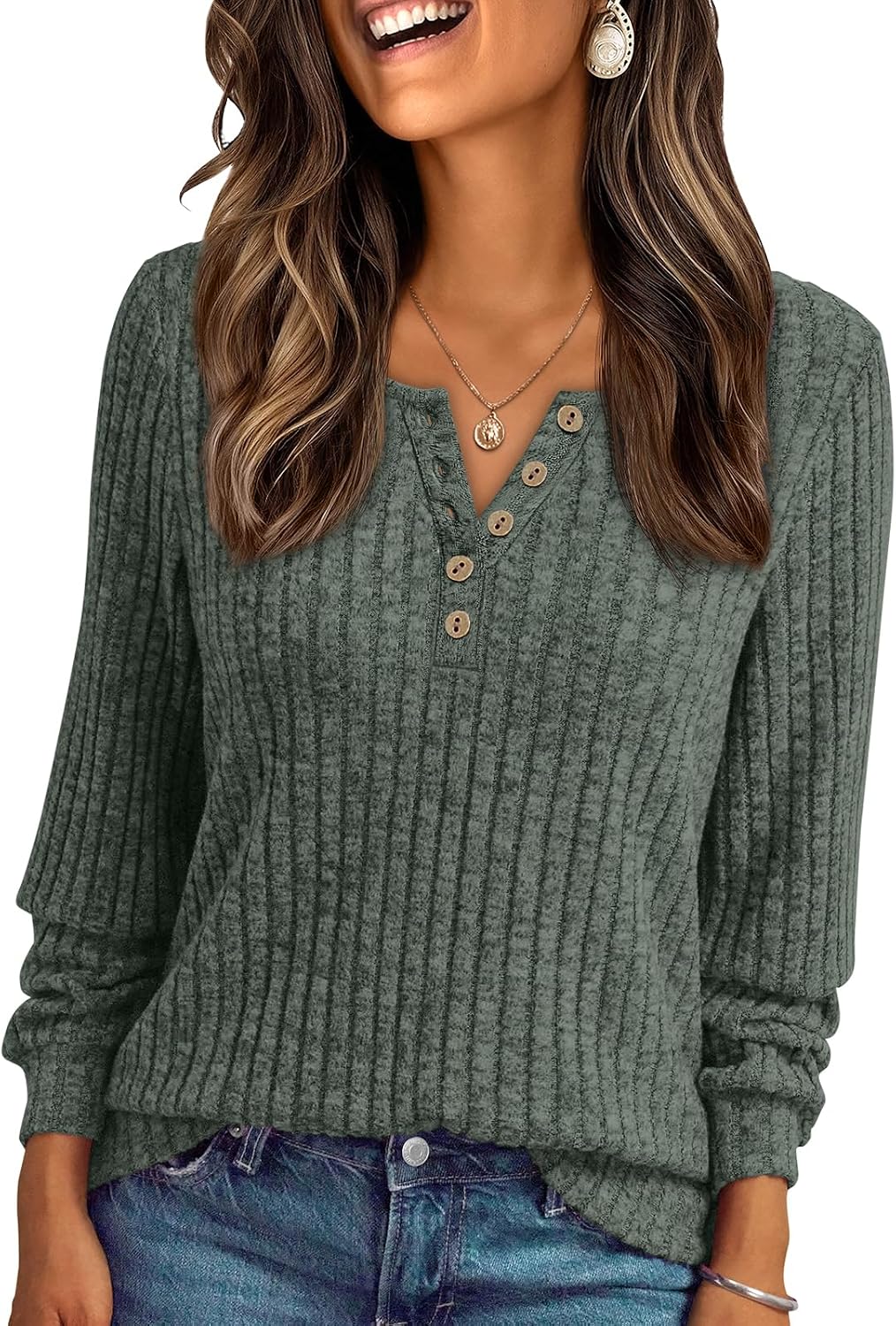 Suéter estilo henley Olivia para Mujer – Mangas largas, Corte cómodo y Silueta relajada