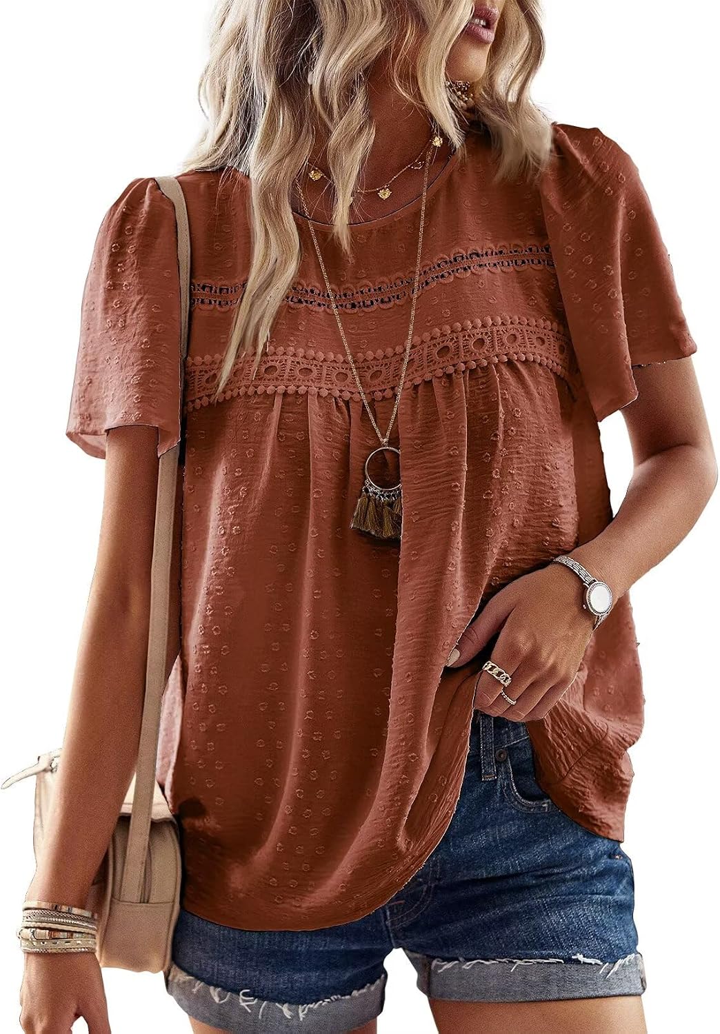 Grace Blusa Boho Mujer – Encaje, Manga Corta y Tejido Ligero Transpirable
