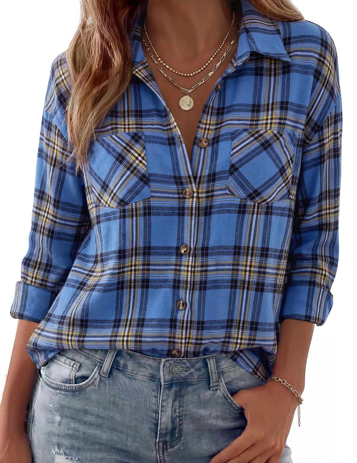 Camisa de franela Sofía para Mujer – Silueta holgada, Bolsillos en el pecho y Cierre de botones