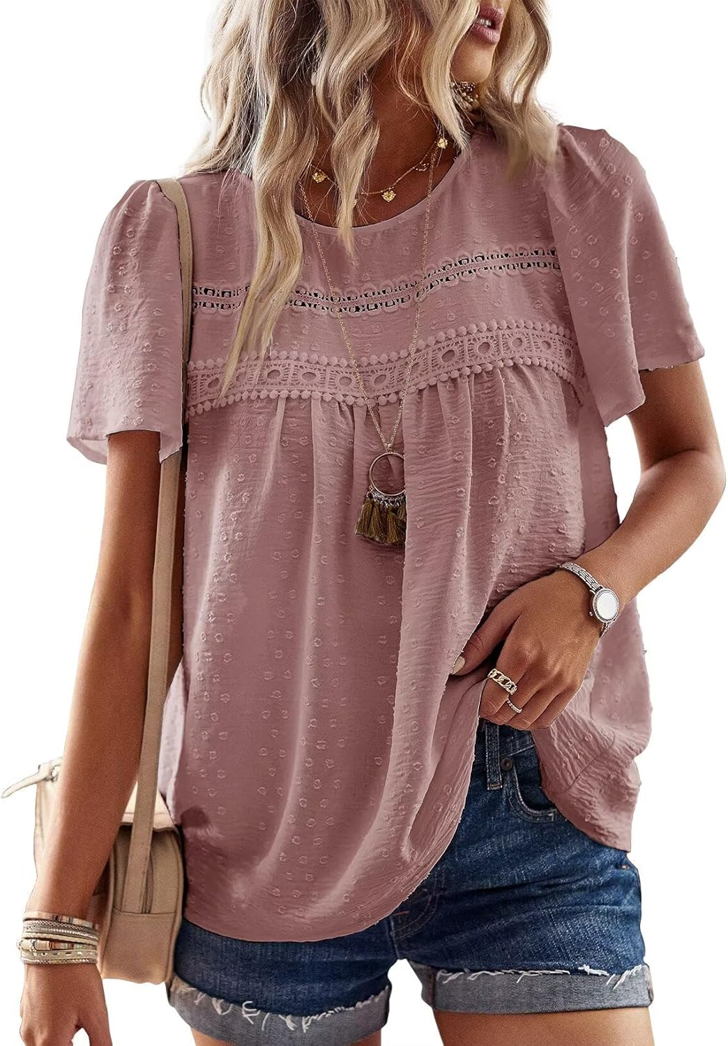 Grace Blusa Boho Mujer – Encaje, Manga Corta y Tejido Ligero Transpirable