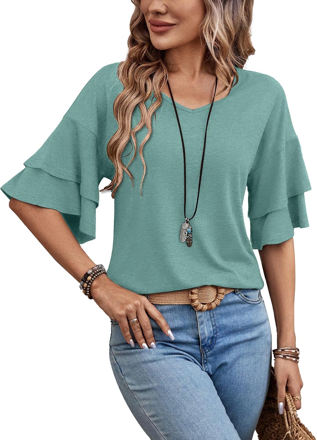 Blusa de cuello en V Amparo para Mujer – Cuello en V, Tejido elástico y Silueta relajada