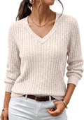Yara Jersey de punto acanalado con cuello V para mujer – manga larga y corte relajado