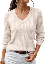 Yara Jersey de punto acanalado con cuello V para mujer – manga larga y corte relajado