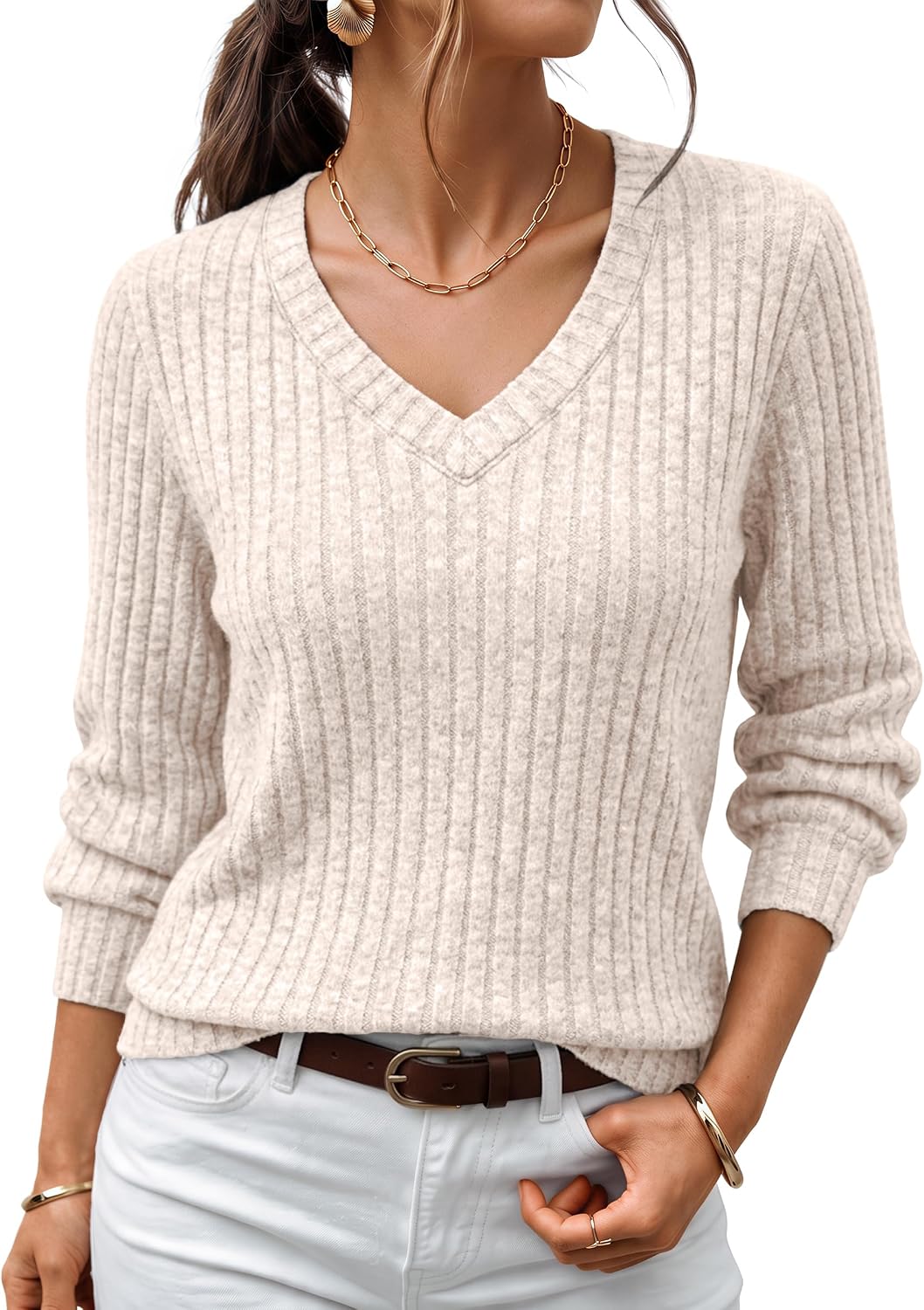 Yara Jersey de punto acanalado con cuello V para mujer – manga larga y corte relajado