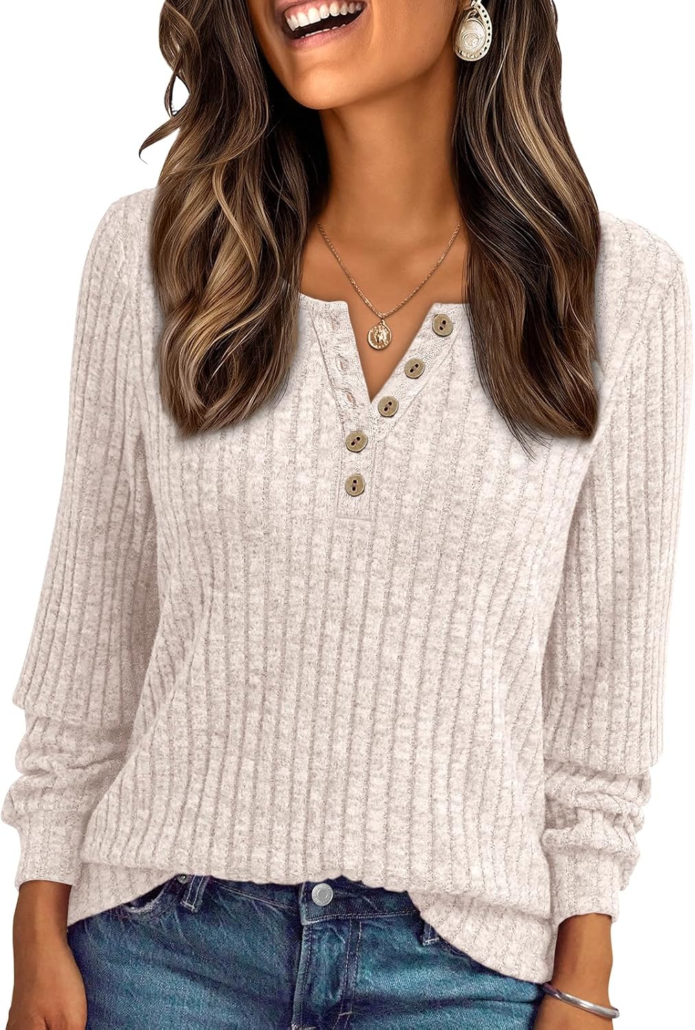 Suéter estilo henley Olivia para Mujer – Mangas largas, Corte cómodo y Silueta relajada