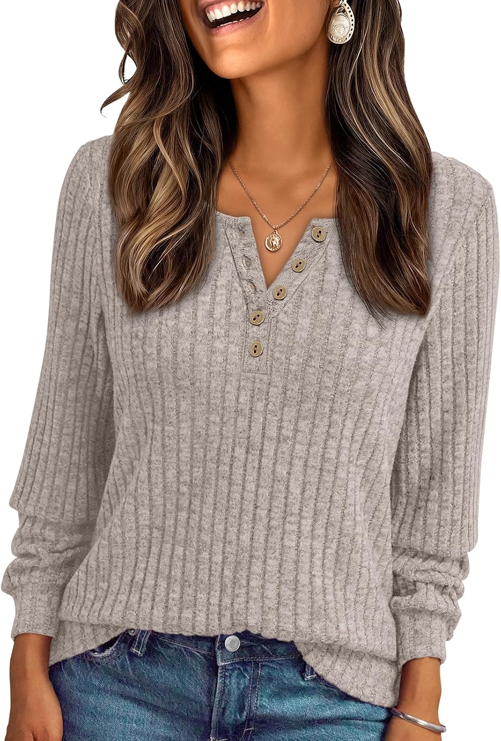 Suéter estilo henley Olivia para Mujer – Mangas largas, Corte cómodo y Silueta relajada