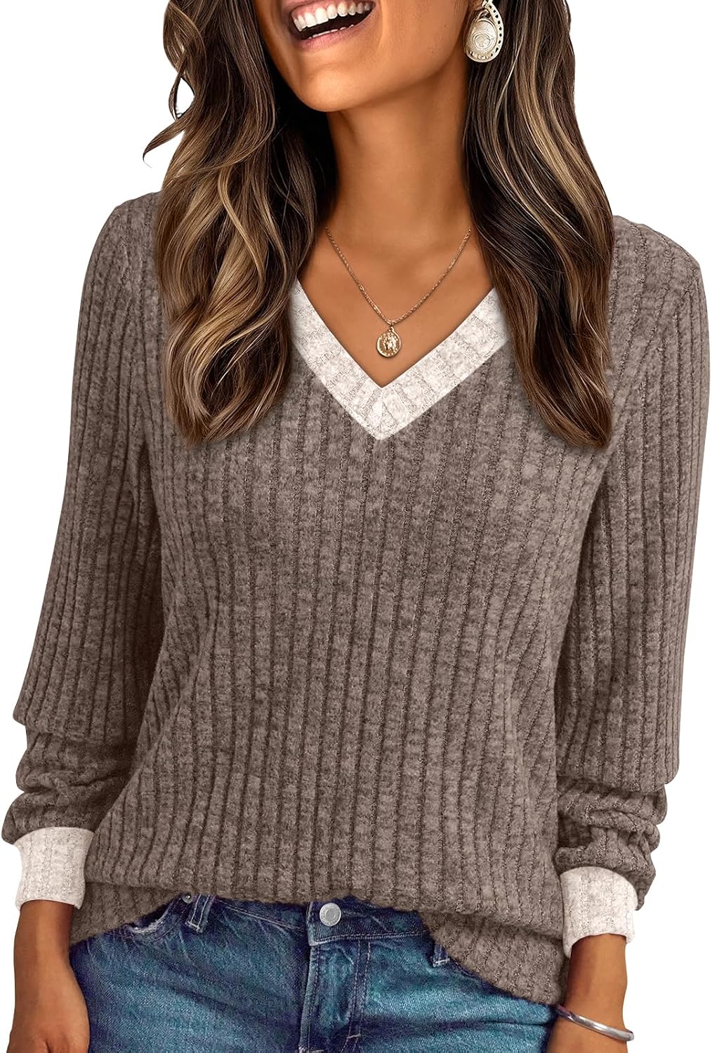 Suéter de cuello en V Marina para Mujer – Cuello en V, Mangas largas y Silueta relajada