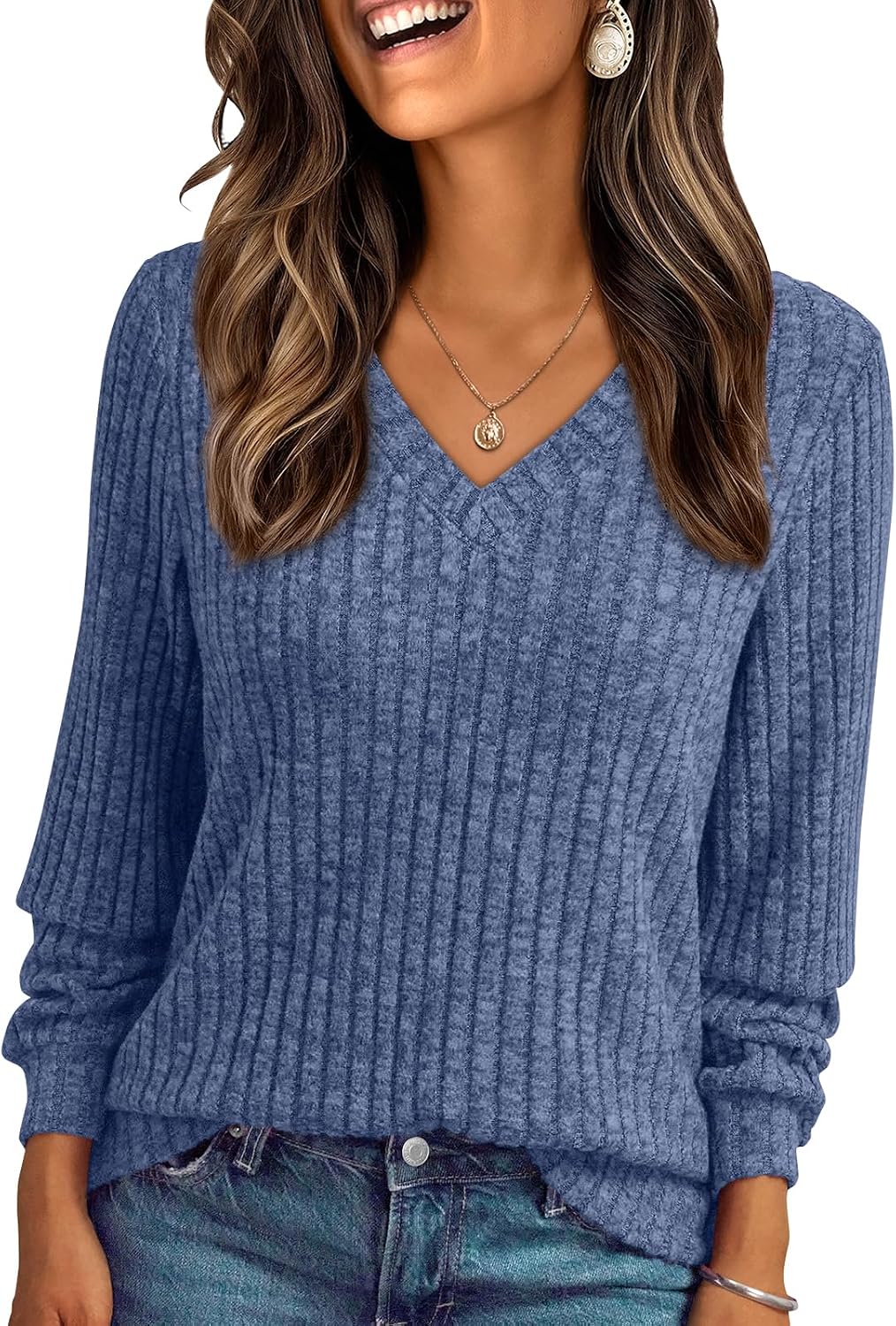 Yara Jersey de punto acanalado con cuello V para mujer – manga larga y corte relajado