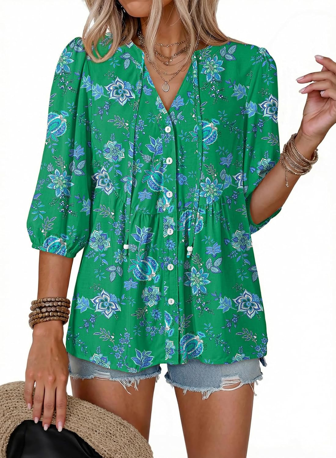 Camille Blusa floral con cuello V para mujer – botones frontales, corte péplum y estilo boho