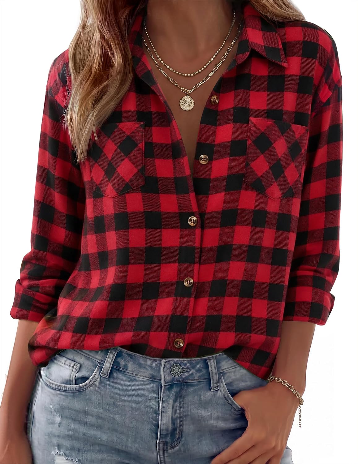 Camisa de franela Sofía para Mujer – Silueta holgada, Bolsillos en el pecho y Cierre de botones