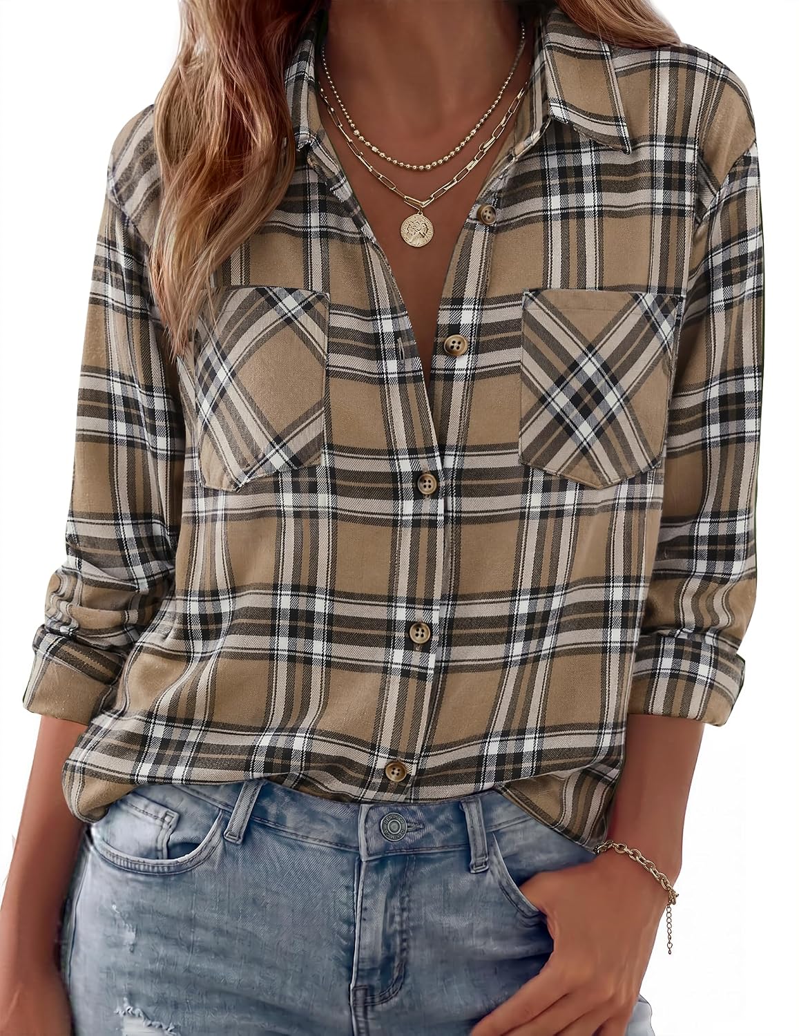 Ximena Sobrecamisa oversize de cuadros para mujer – manga larga, cierre de botones y estilo casual