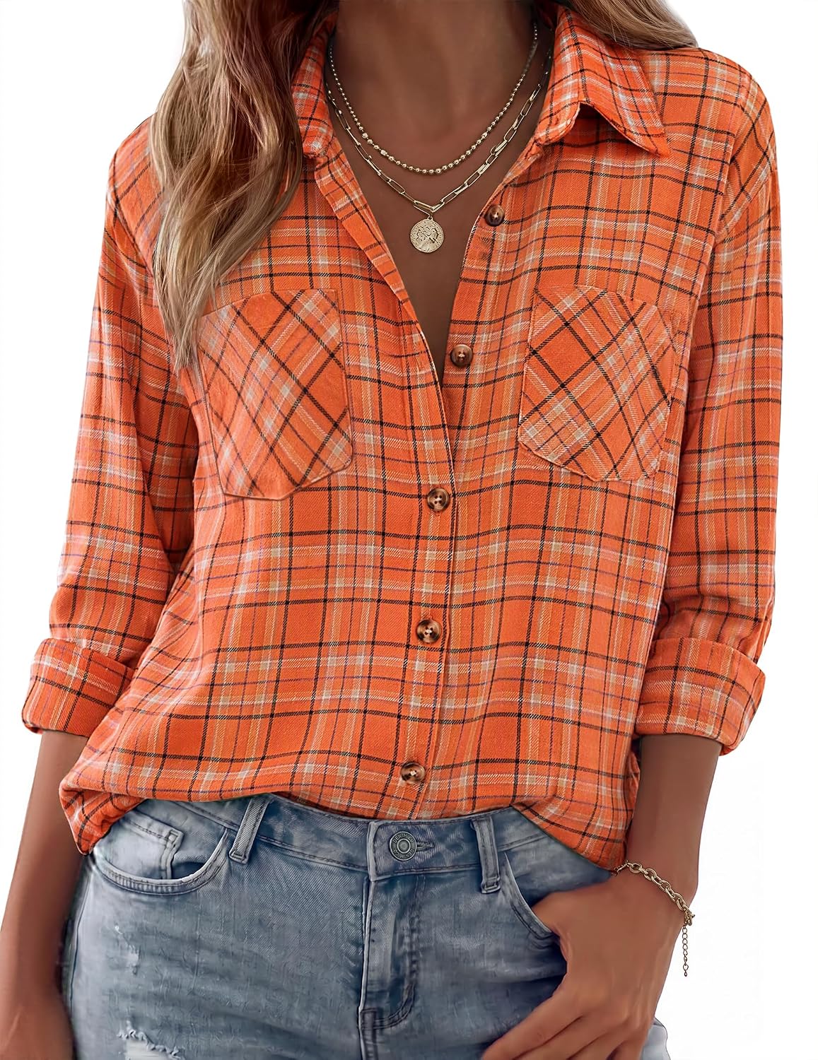 Camisa de franela Sofía para Mujer – Silueta holgada, Bolsillos en el pecho y Cierre de botones