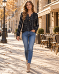 Isadora Top Henley de manga larga estampado, cuello V y botones - Edicion moderna