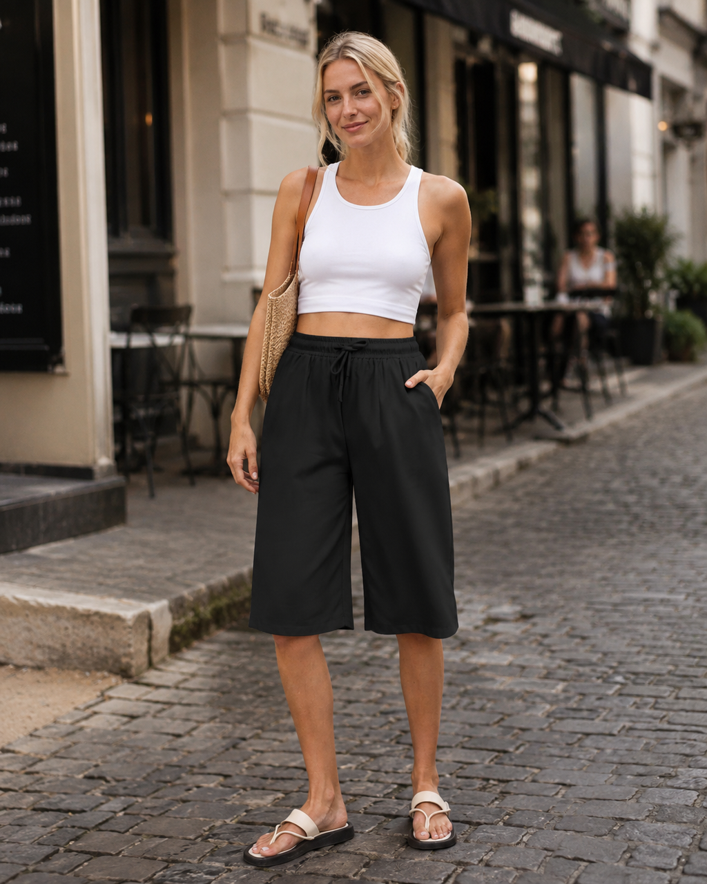 Tessa Bermudas Mujer Algodón – Cintura Elástica, Cordón y Bolsillos