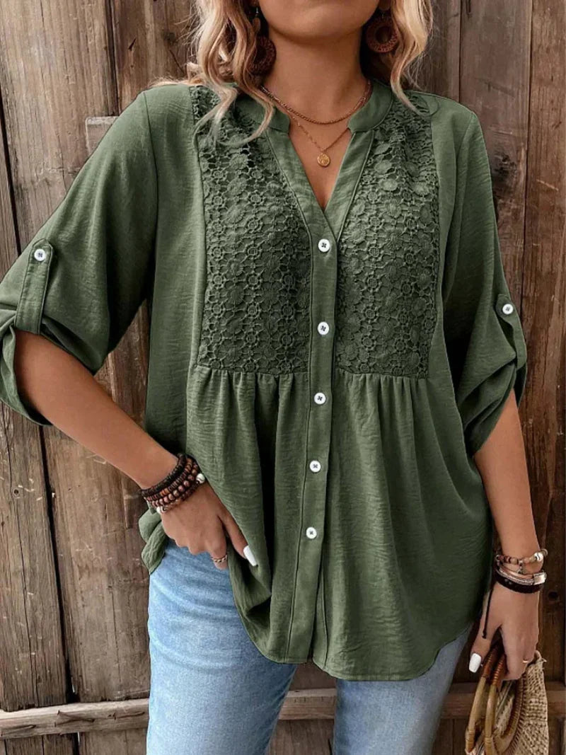 Penelope Blusa Mujer – Escote en V, Botones, Mangas Remangables y Corte Fluido